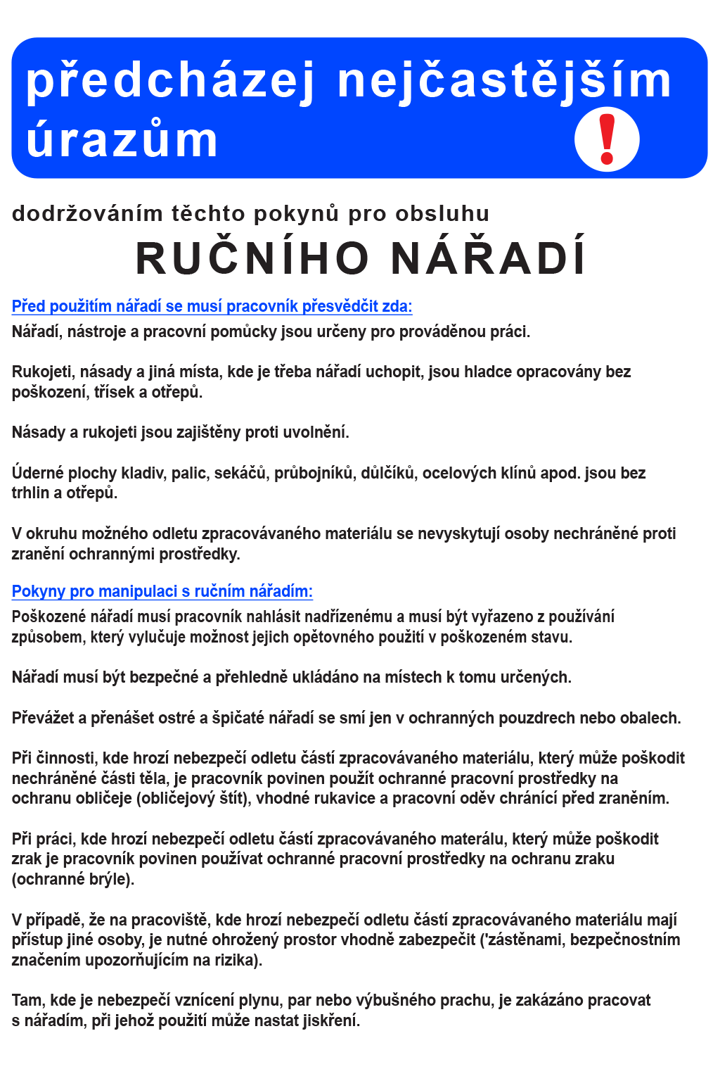 Pravidla bezpečnosti práce pro ruční nářadí
