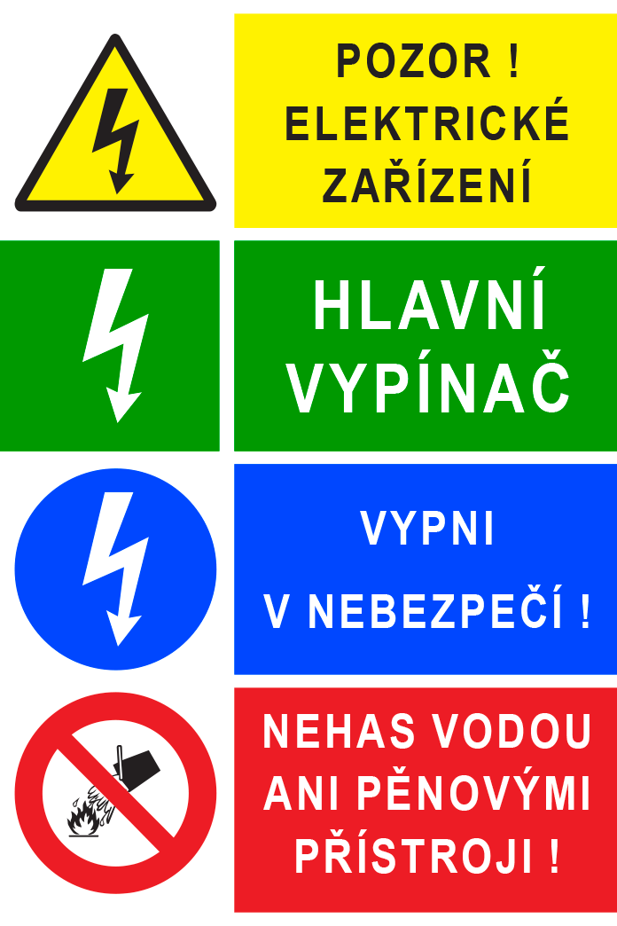 Sdružená tabulka - Pozor ! Elektrické zařízení / Hlavní vypínač / Vypni v nebezpečí ! Nehas vodou ani pěnovými přístroji !