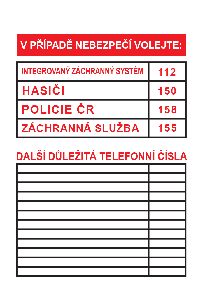 V případě nebezpečí volejte (tabulka důležitých telefoních čísel)