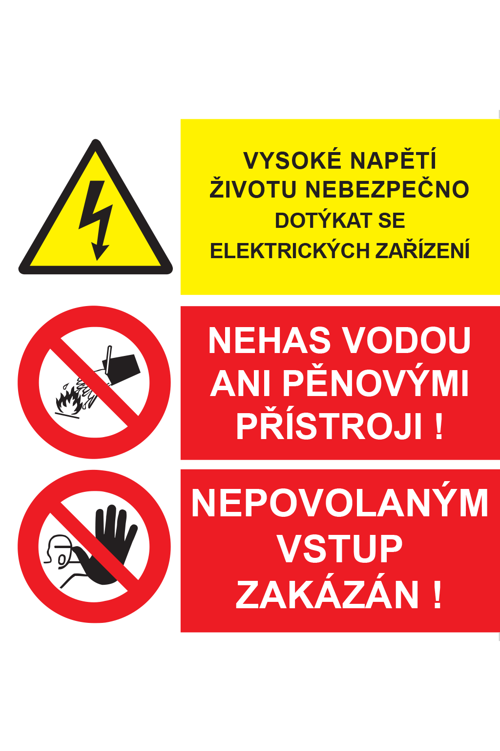 Vysoké napětí životu nebezpečno, Nehas Vodou ani pěnovými přístroji, Nepovolaným vstup zakázán