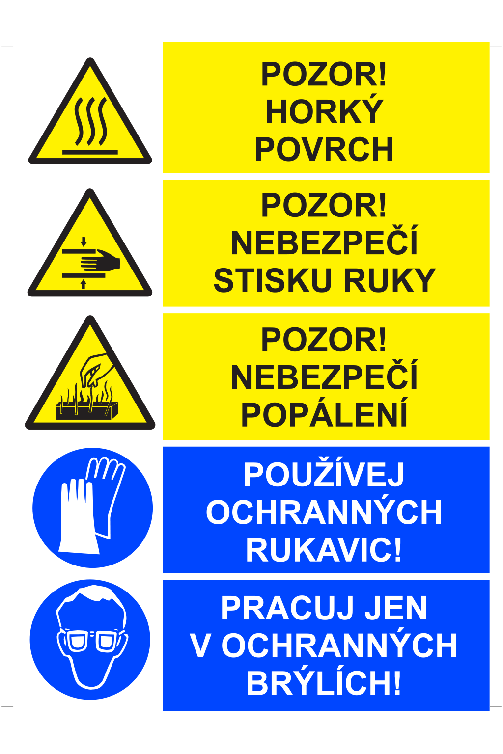Sdružená tabulka - Pozor ! Horký vzduch / Pozor ! Nebezpečí stisku ruky / Pozor ! Nebezpečí popálení / Používej ochranných rukavic ! / Pracuj jen v ochranných brýlích !