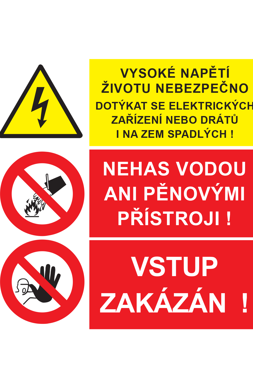 Vysoké napětí životu nebezpečno dotýkat se el. zařízení nebo drátů i na zem spadlých ! / Nehas vodou ani pěnovými přístroji ! / Vstup zakázán !